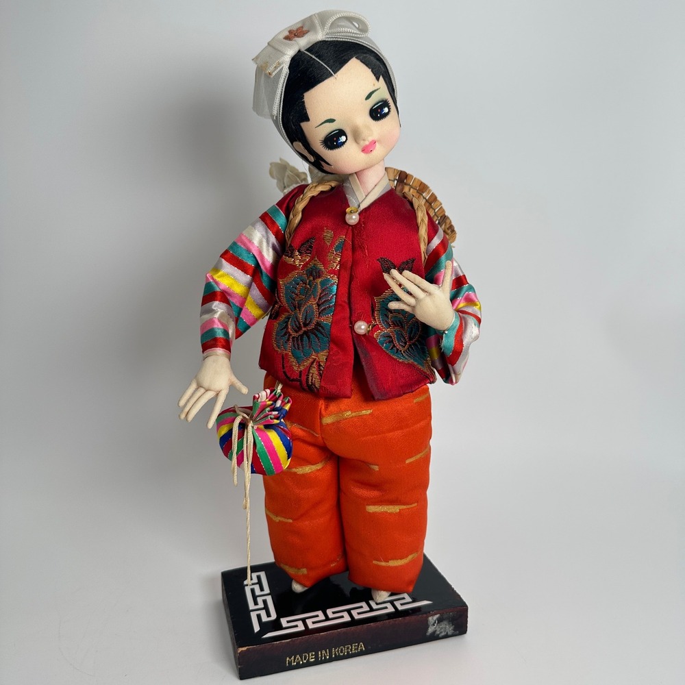 Vintage Korean Silk Doll Traditional Hanbok Red Vest Straw Backpack 12 inch